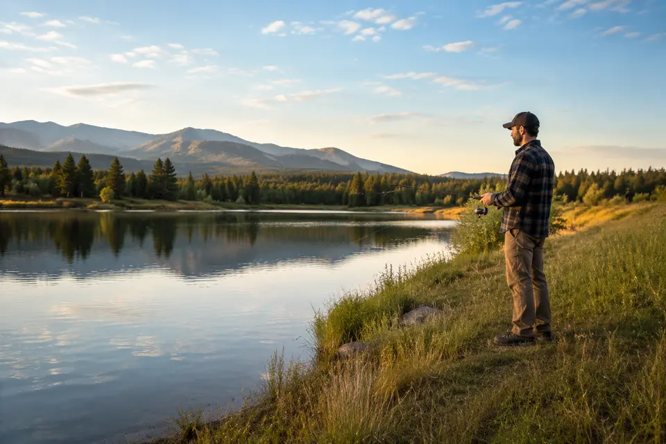 Beginner angler fishing from a grassy bank beside a calm mountain lake