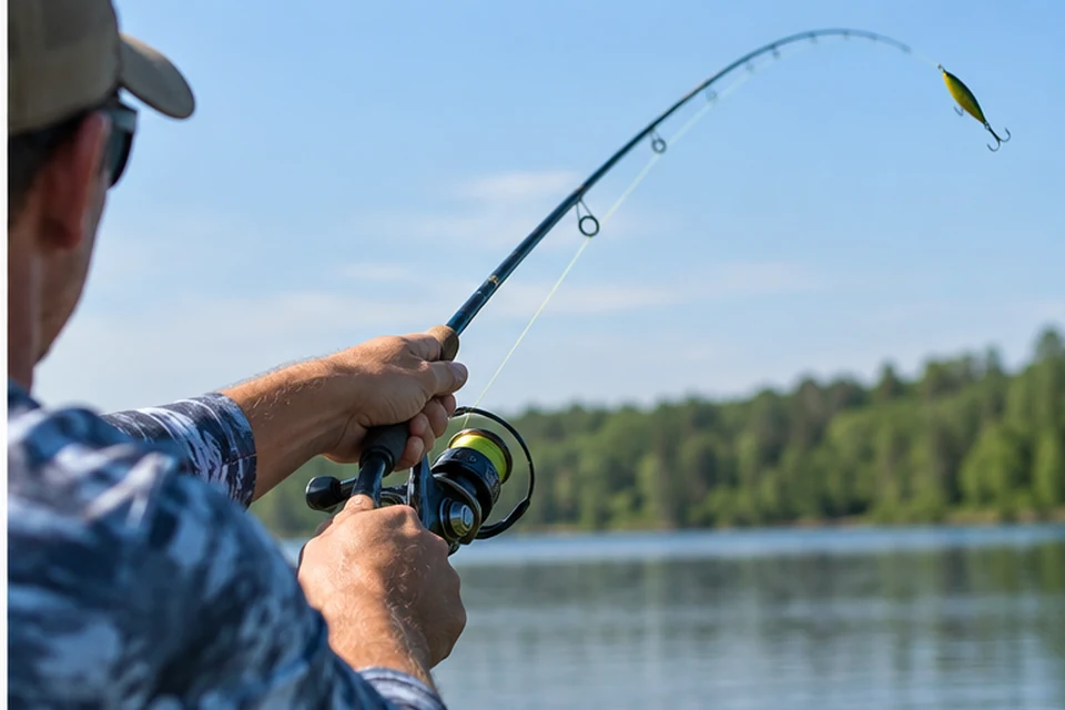 Beginner angler practicing a controlled spinning-reel cast beside calm freshwater