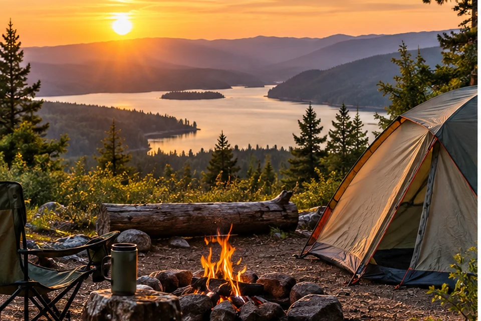 Practical campsite setup on high ground overlooking a mountain lake