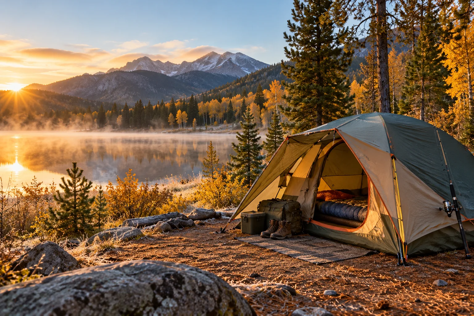 Autumn campsite with a tent, insulated bedding, boots and fishing rod beside a misty mountain lake