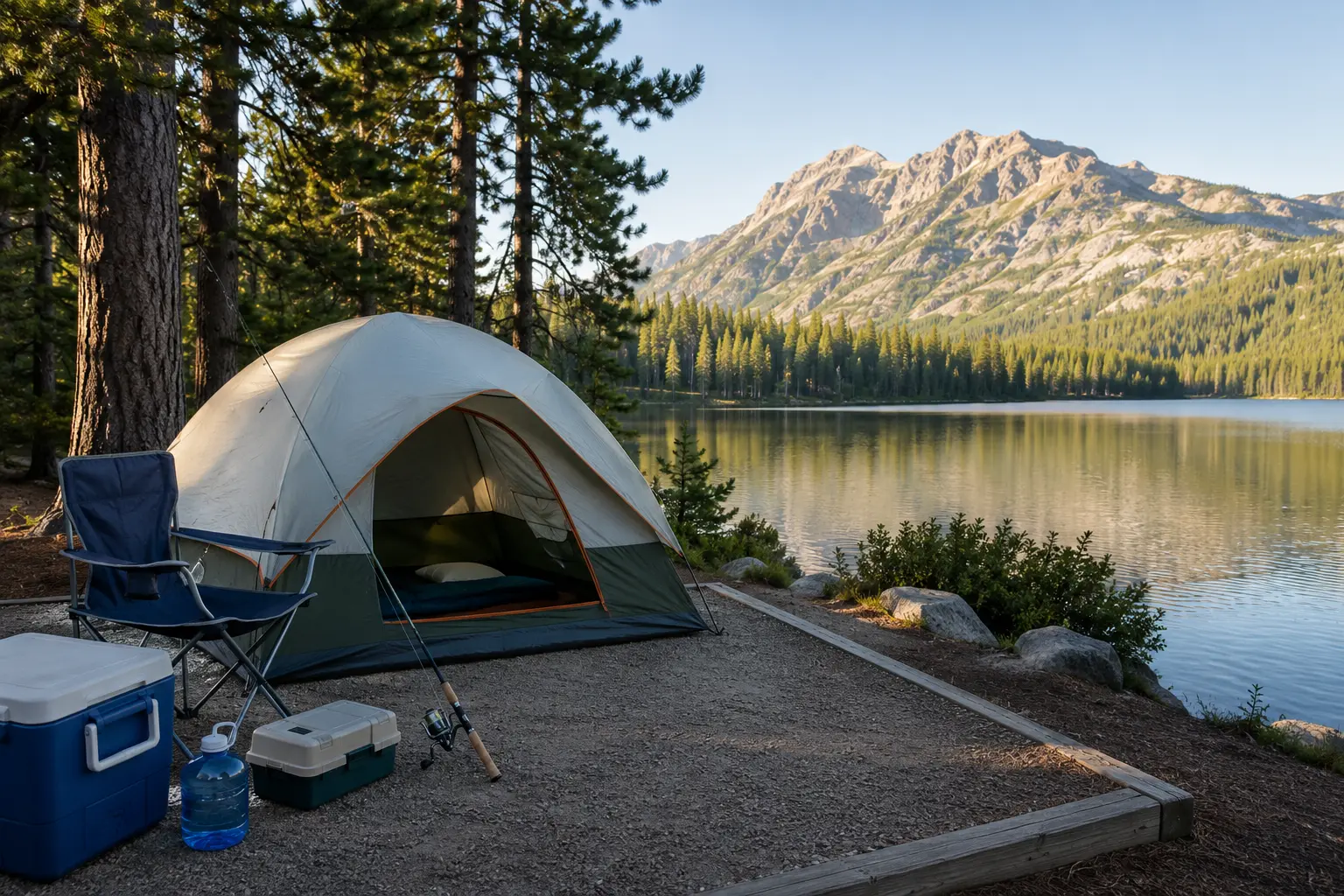 Established tent campsite with simple gear and a fishing rod beside a calm mountain lake