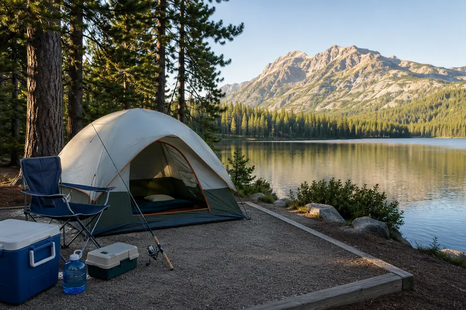 Established tent campsite with simple gear and a fishing rod beside a calm mountain lake