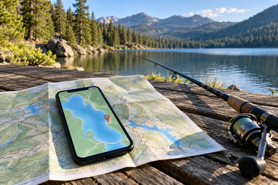 Phone displaying a lake map on a paper map beside a fishing rod and mountain lake