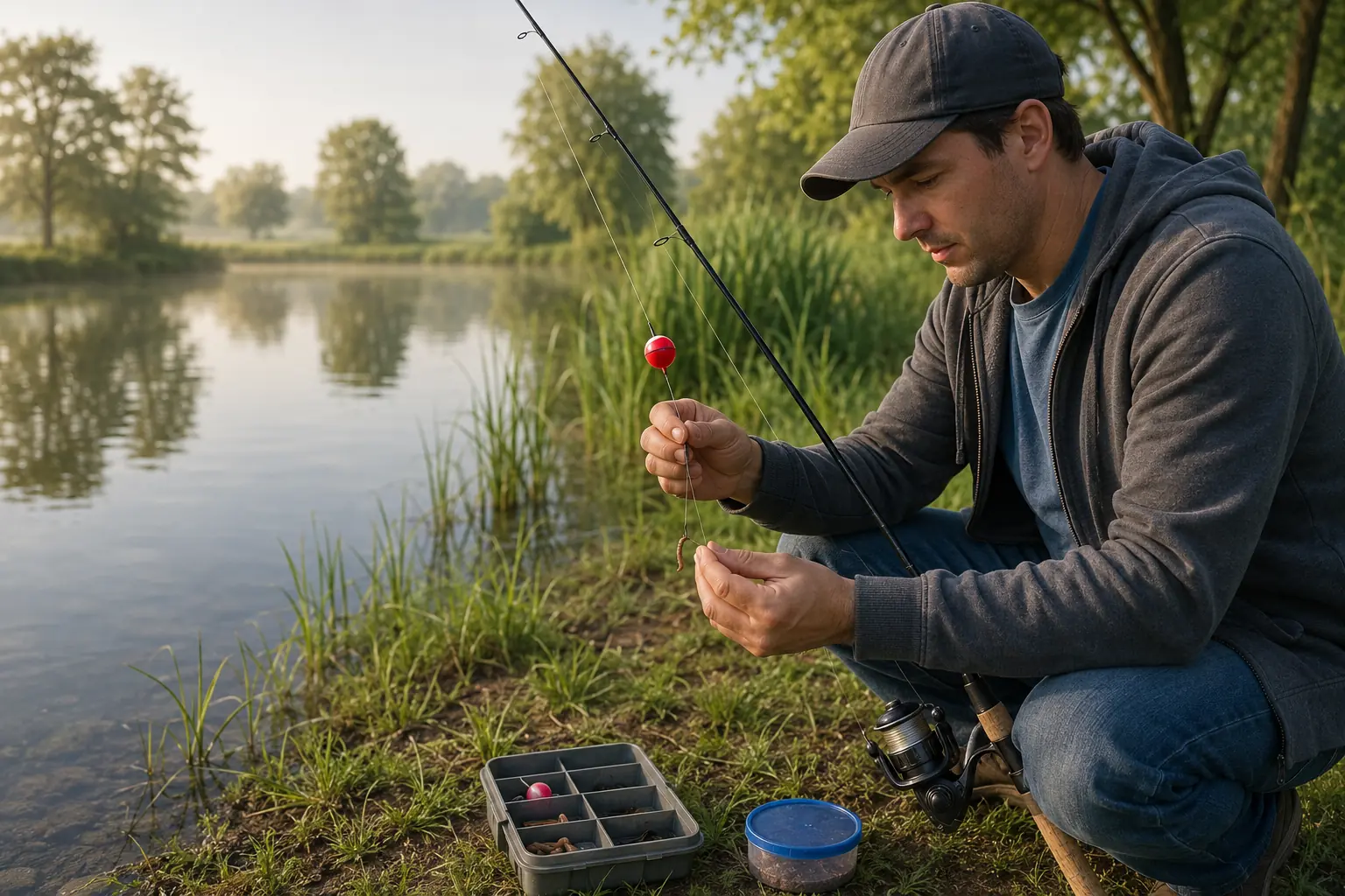 Beginner angler preparing a simple bobber-and-worm rig beside a calm freshwater pond