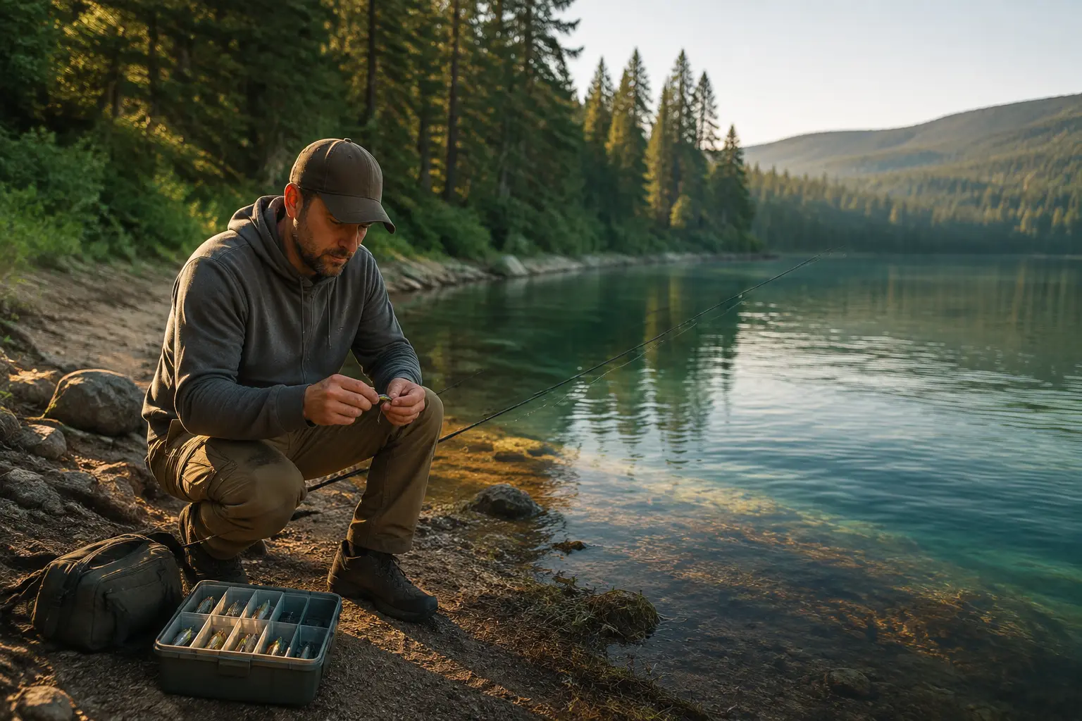 Angler changing a small lure beside a calm freshwater lake after a slow start